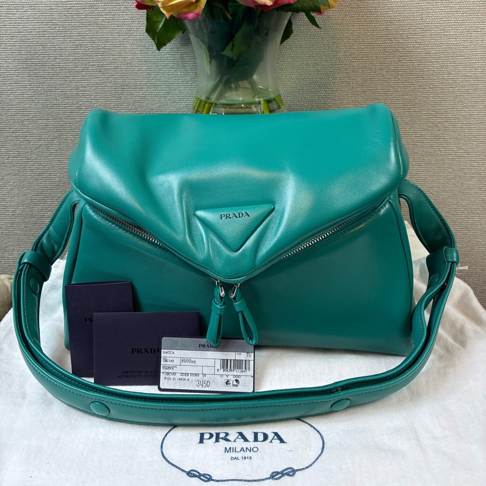 NWT Prada Nappa Leather Pavone Green Signaux Sacca Shoulder Bag - Retail $3500